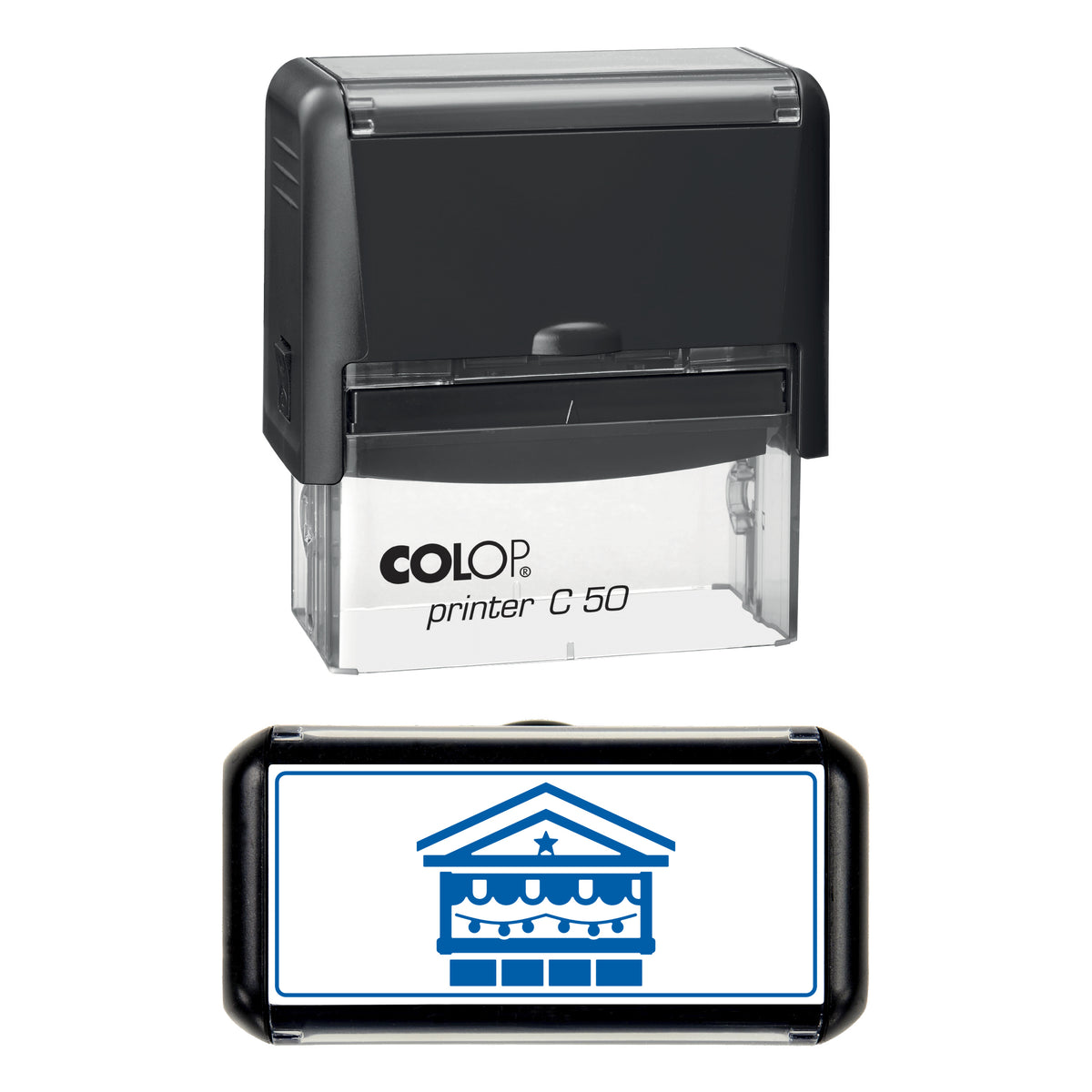 Stamp showing the Christmas Market Stall design, 70 x 30mm COLOP C50 self-inking stamp, blue ink