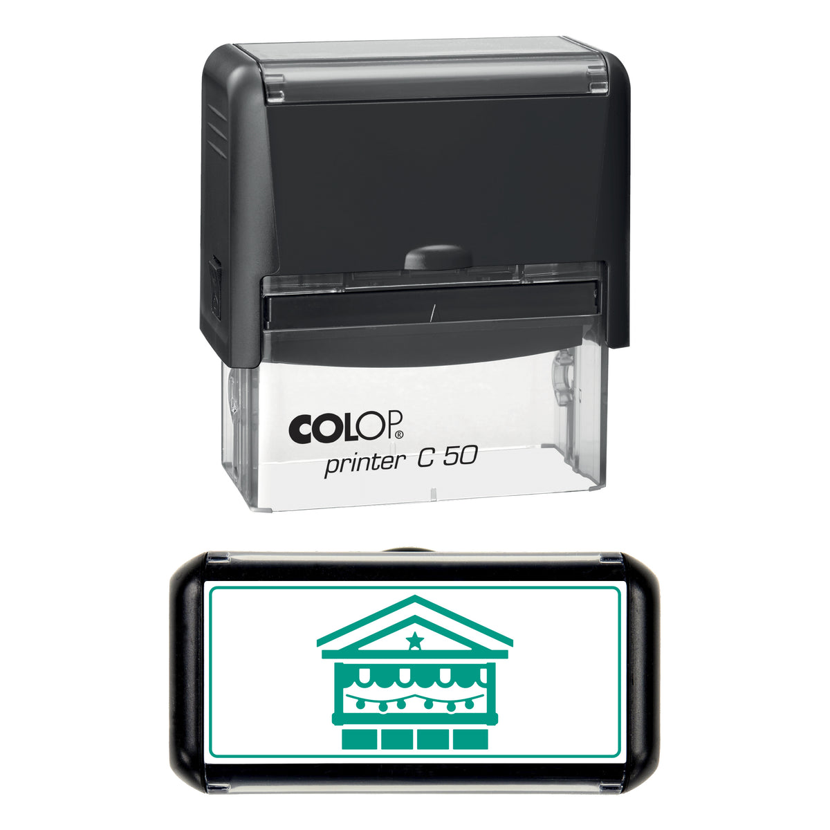 Stamp showing the Christmas Market Stall design, 70 x 30mm COLOP C50 self-inking stamp, green ink