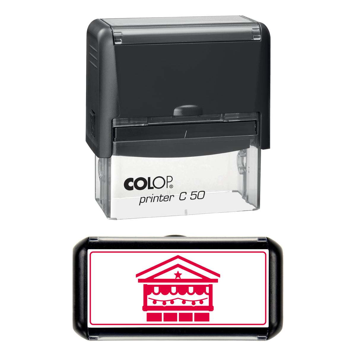Stamp showing the Christmas Market Stall design, 70 x 30mm COLOP C50 self-inking stamp, red ink