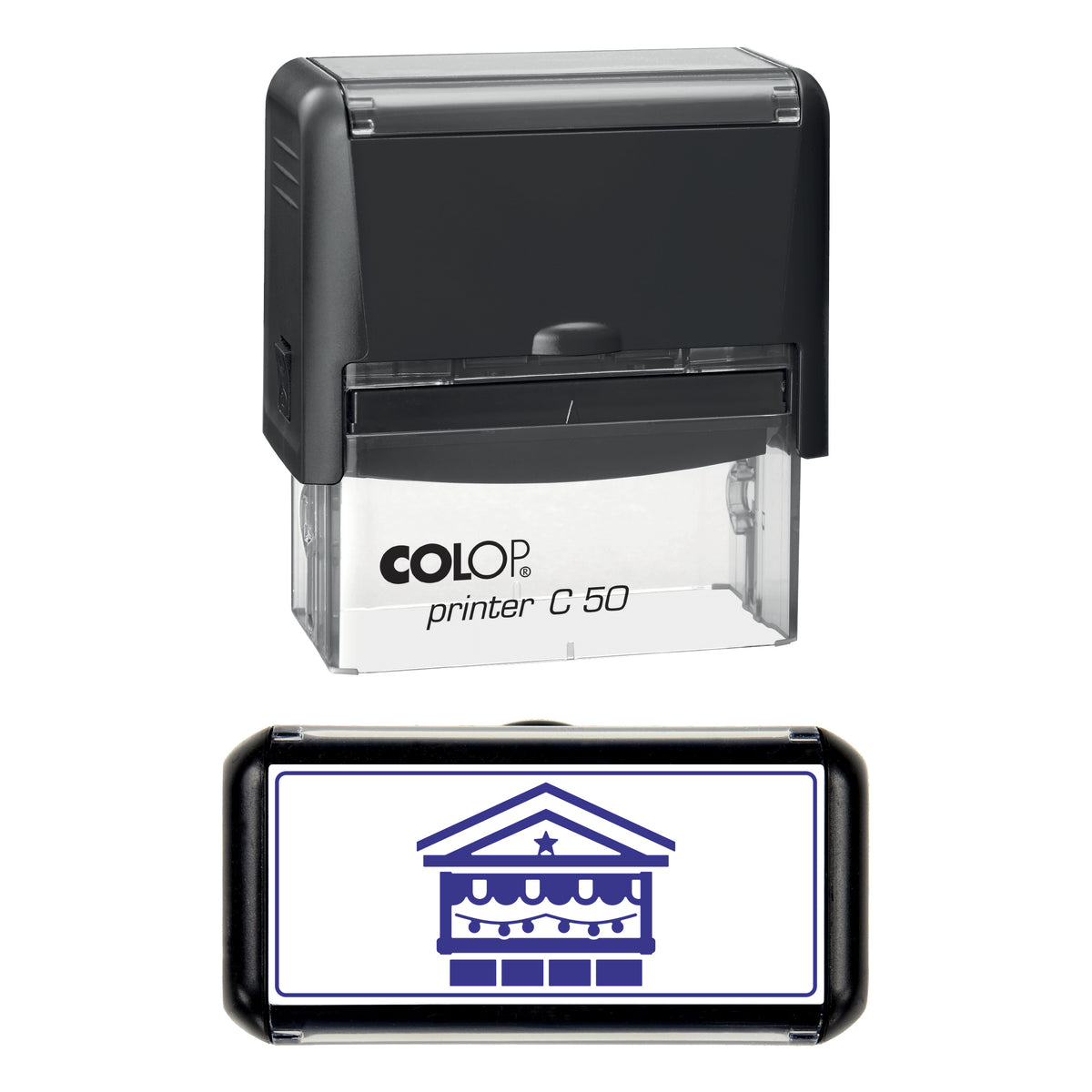 Stamp showing the Christmas Market Stall design, 70 x 30mm COLOP C50 self-inking stamp, violet ink