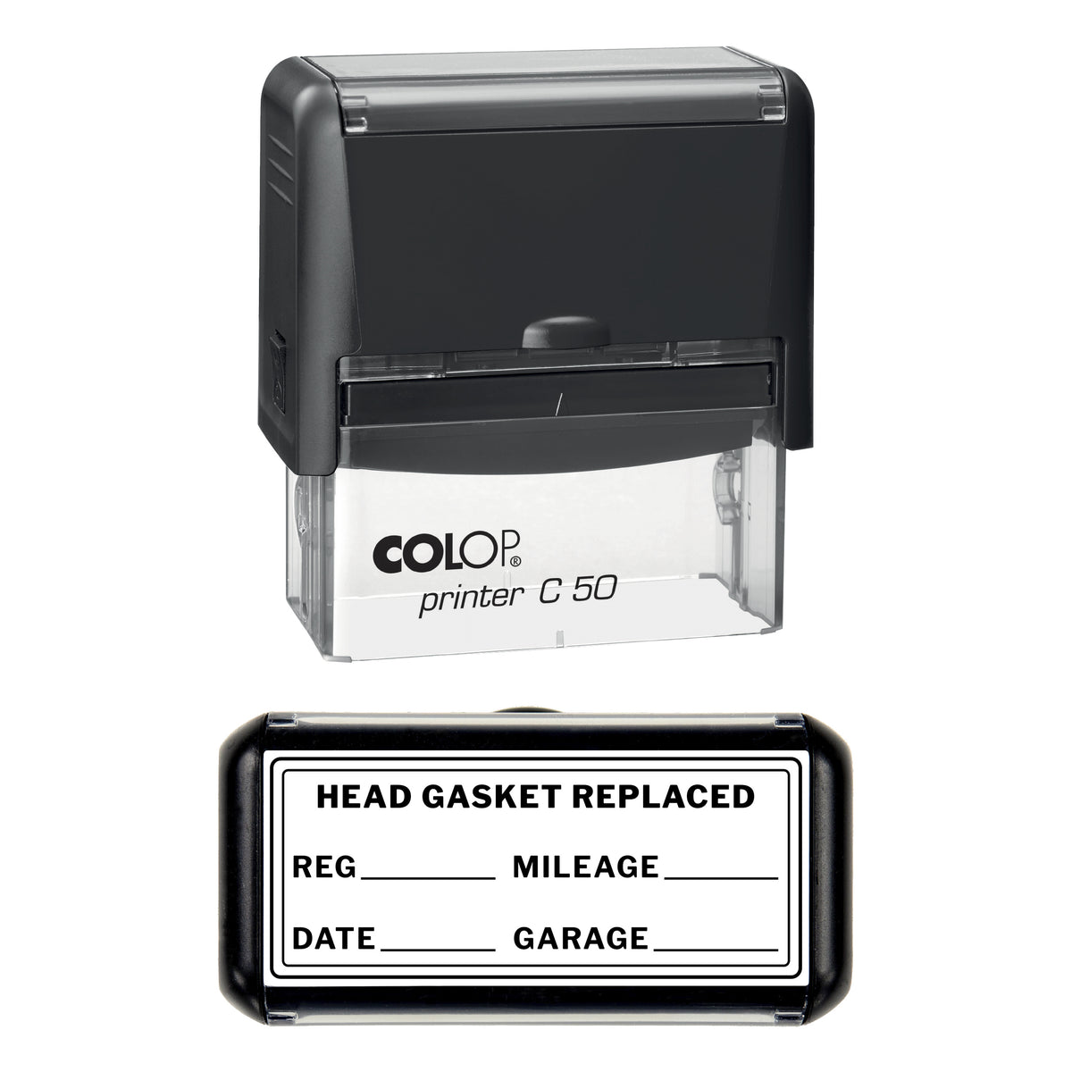 Stamp showing the Head Gasket Replaced design, 70 x 30mm COLOP C50 self-inking stamp, black ink