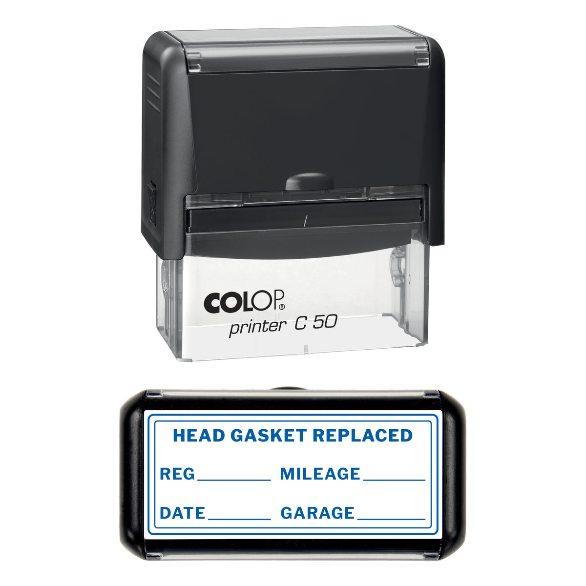 Stamp showing the Head Gasket Replaced design, 70 x 30mm COLOP C50 self-inking stamp, blue ink