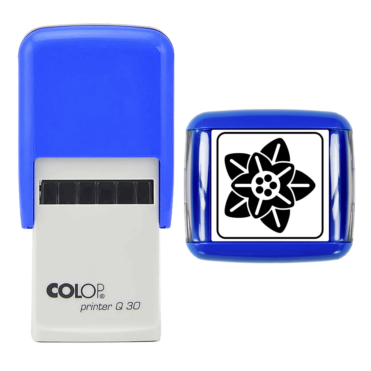 Stamp showing the Poinsettia Bloom Christmas design, 30 x 30mm COLOP Q30 self-inking stamp, black ink