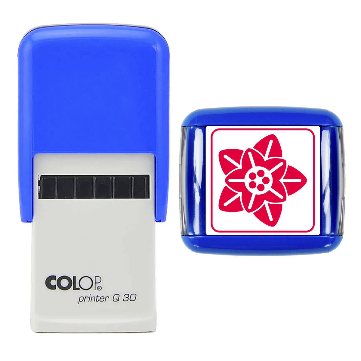 Stamp showing the Poinsettia Bloom Christmas design, 30 x 30mm COLOP Q30 self-inking stamp, red ink
