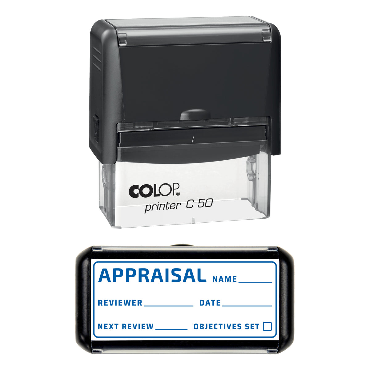 Stamp showing the Appraisal design, 70 x 30mm COLOP C50 self-inking stamp, blue ink