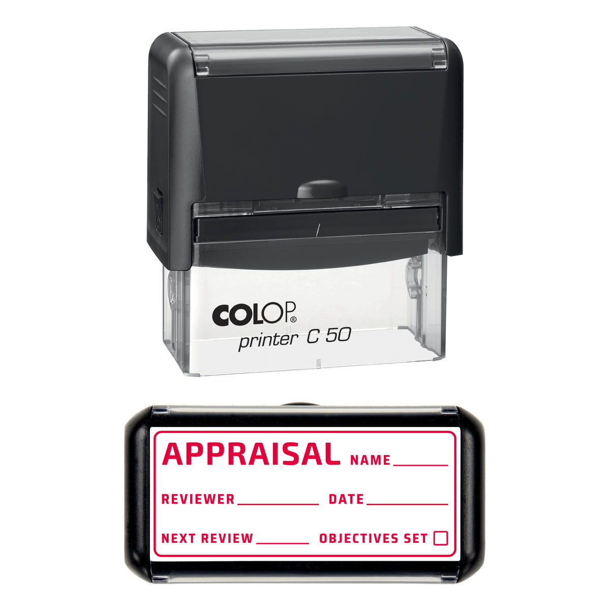 Stamp showing the Appraisal design, 70 x 30mm COLOP C50 self-inking stamp, red ink