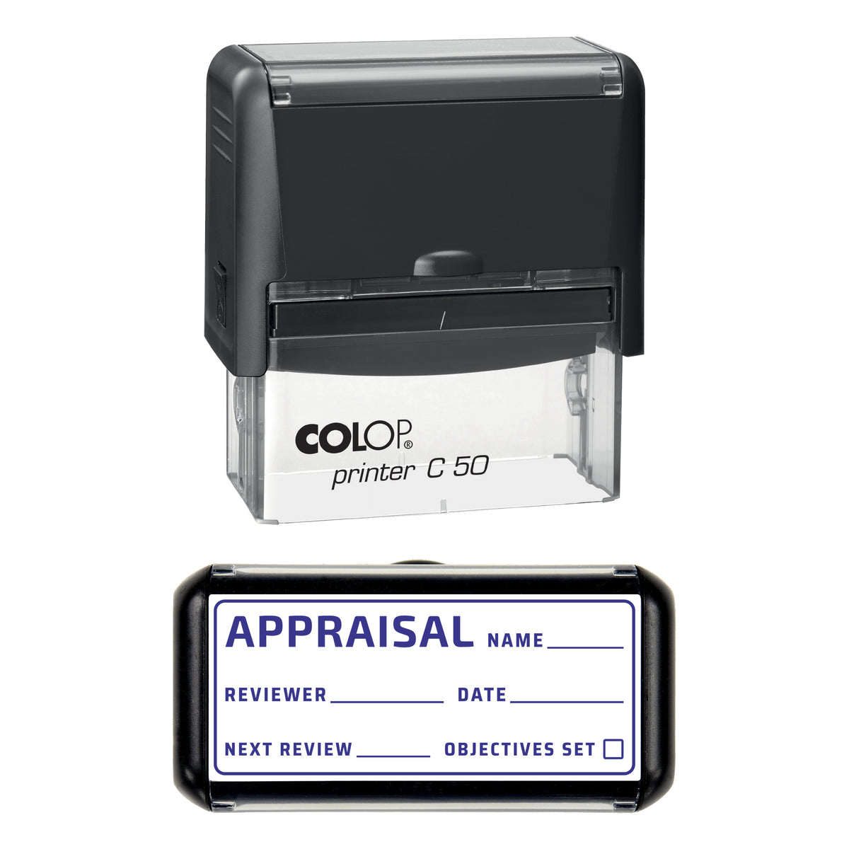 Stamp showing the Appraisal design, 70 x 30mm COLOP C50 self-inking stamp, violet ink