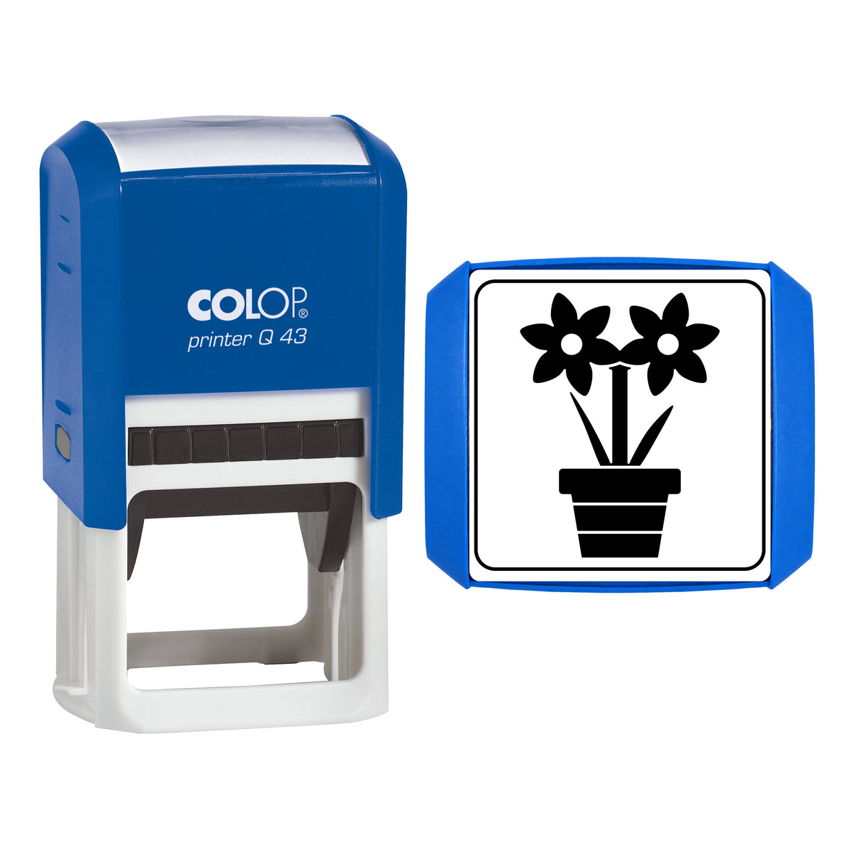Stamp showing the Amaryllis in a Pot Christmas design, 43 x 43mm COLOP Q43 self-inking stamp, black ink