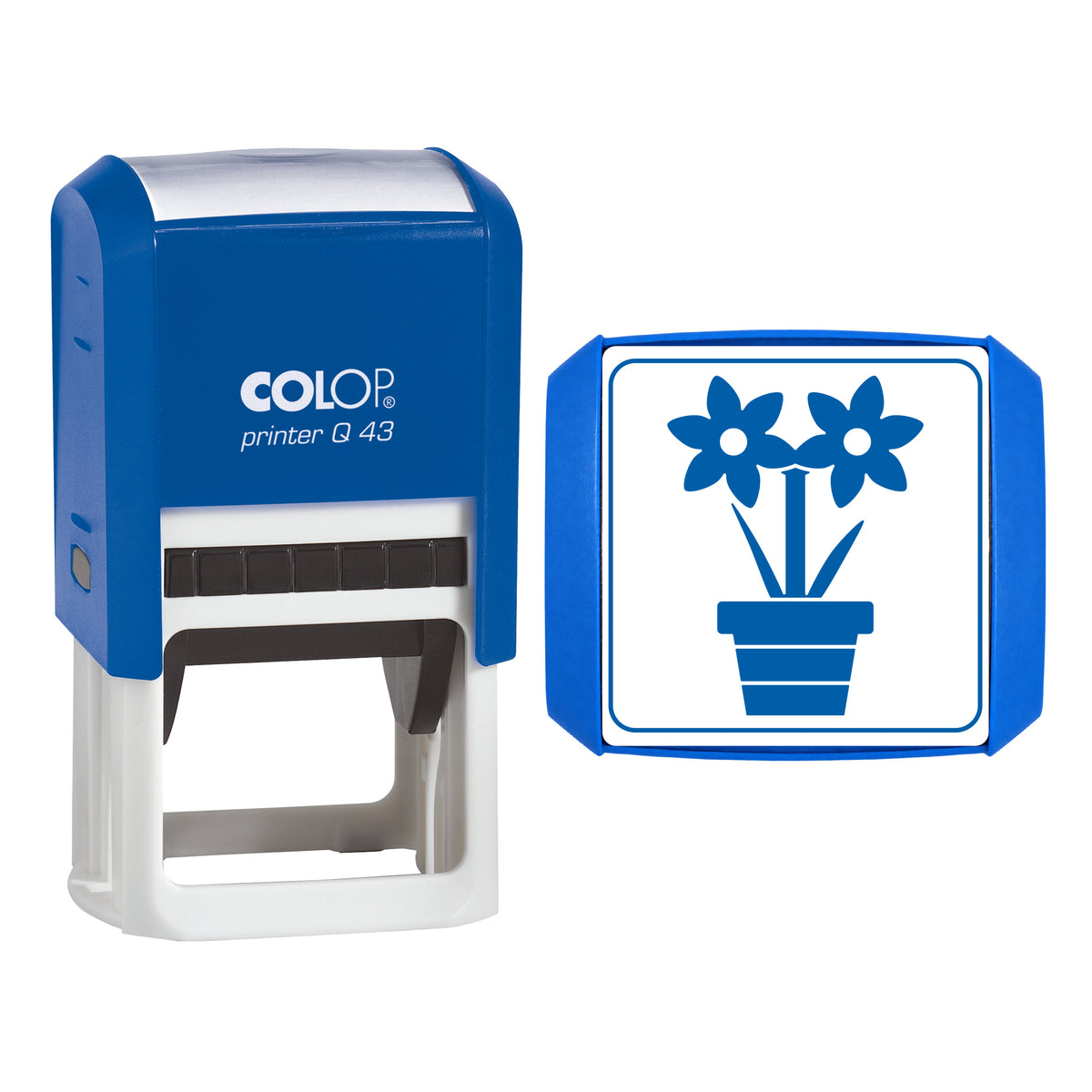 Stamp showing the Amaryllis in a Pot Christmas design, 43 x 43mm COLOP Q43 self-inking stamp, blue ink