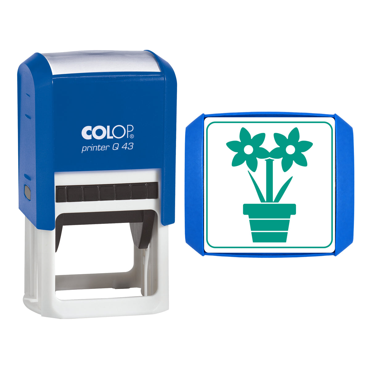 Stamp showing the Amaryllis in a Pot Christmas design, 43 x 43mm COLOP Q43 self-inking stamp, green ink