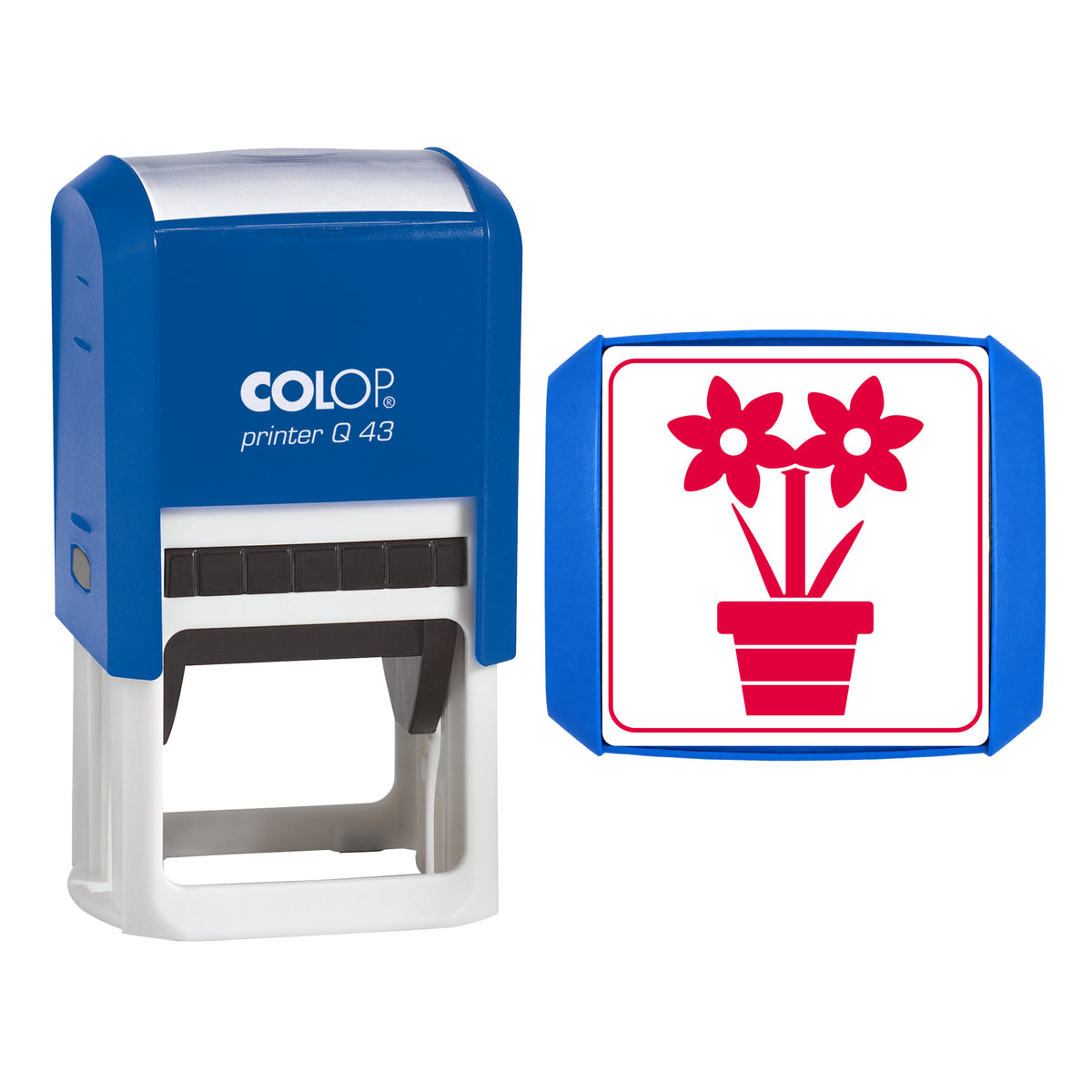 Stamp showing the Amaryllis in a Pot Christmas design, 43 x 43mm COLOP Q43 self-inking stamp, red ink