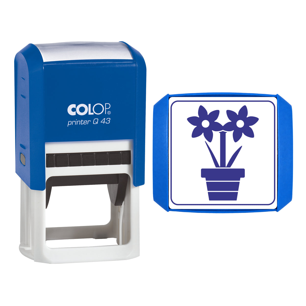 Stamp showing the Amaryllis in a Pot Christmas design, 43 x 43mm COLOP Q43 self-inking stamp, violet ink