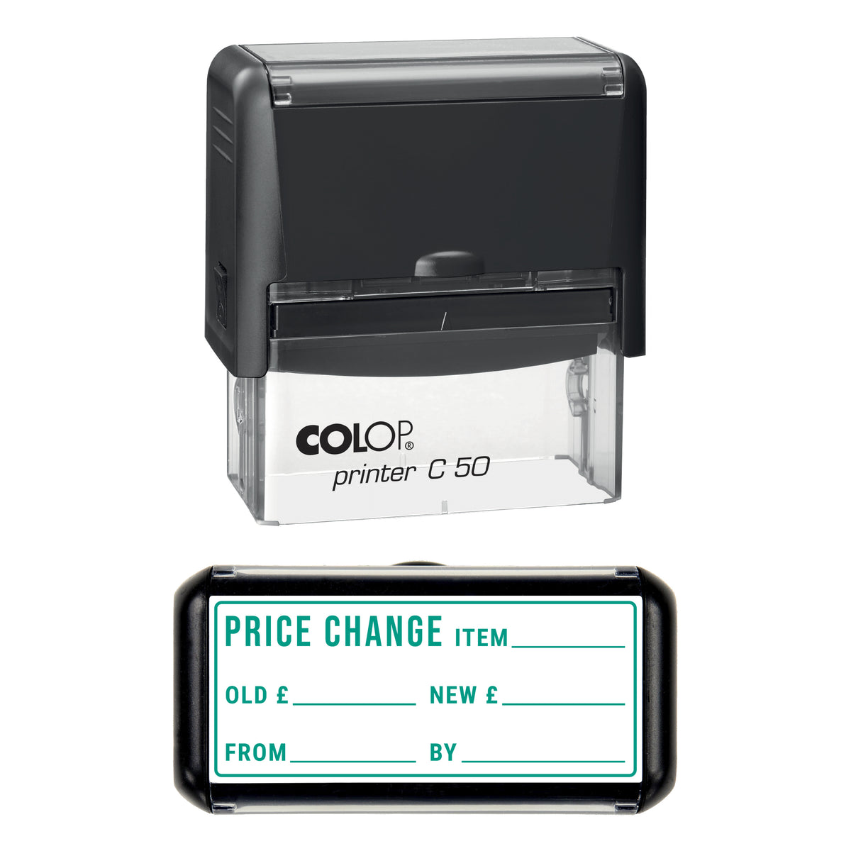 Stamp showing the Price Change design, 70 x 30mm COLOP C50 self-inking stamp, green ink