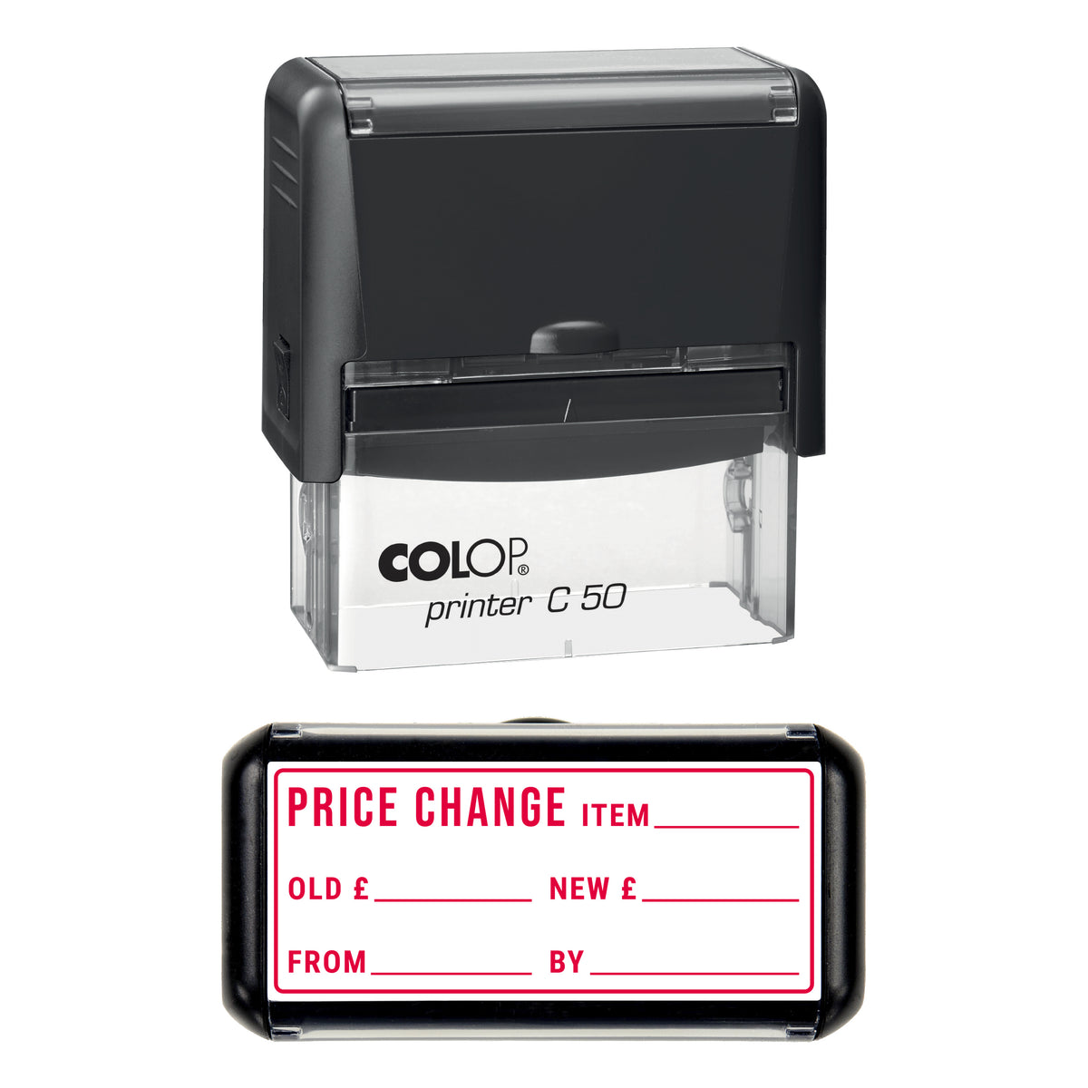 Stamp showing the Price Change design, 70 x 30mm COLOP C50 self-inking stamp, red ink