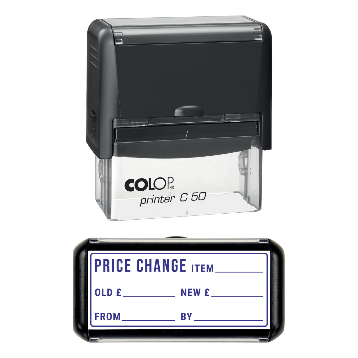 Stamp showing the Price Change design, 70 x 30mm COLOP C50 self-inking stamp, violet ink