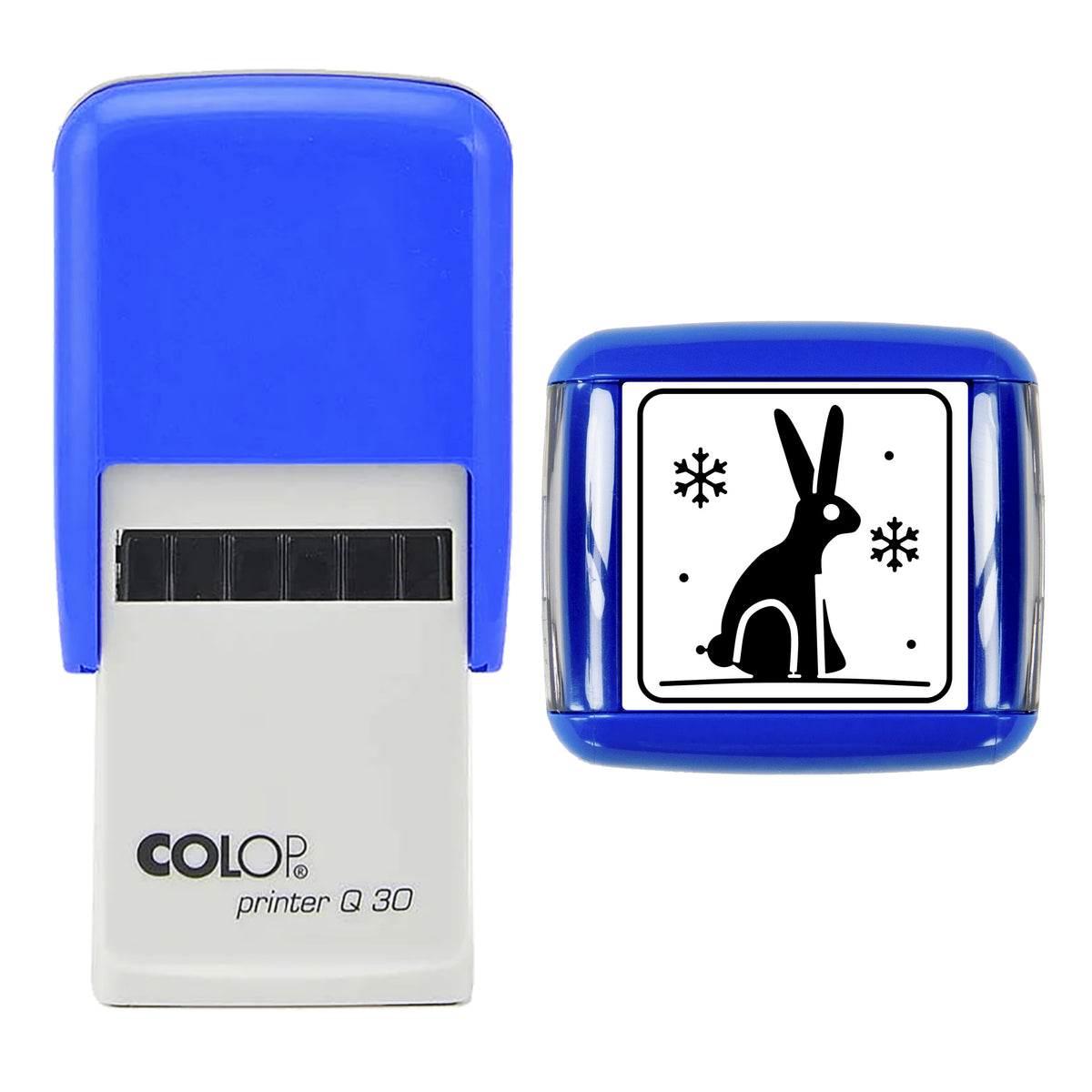 Stamp showing the Mountain Hare in Snow Christmas design, 30 x 30mm COLOP Q30 self-inking stamp, black ink