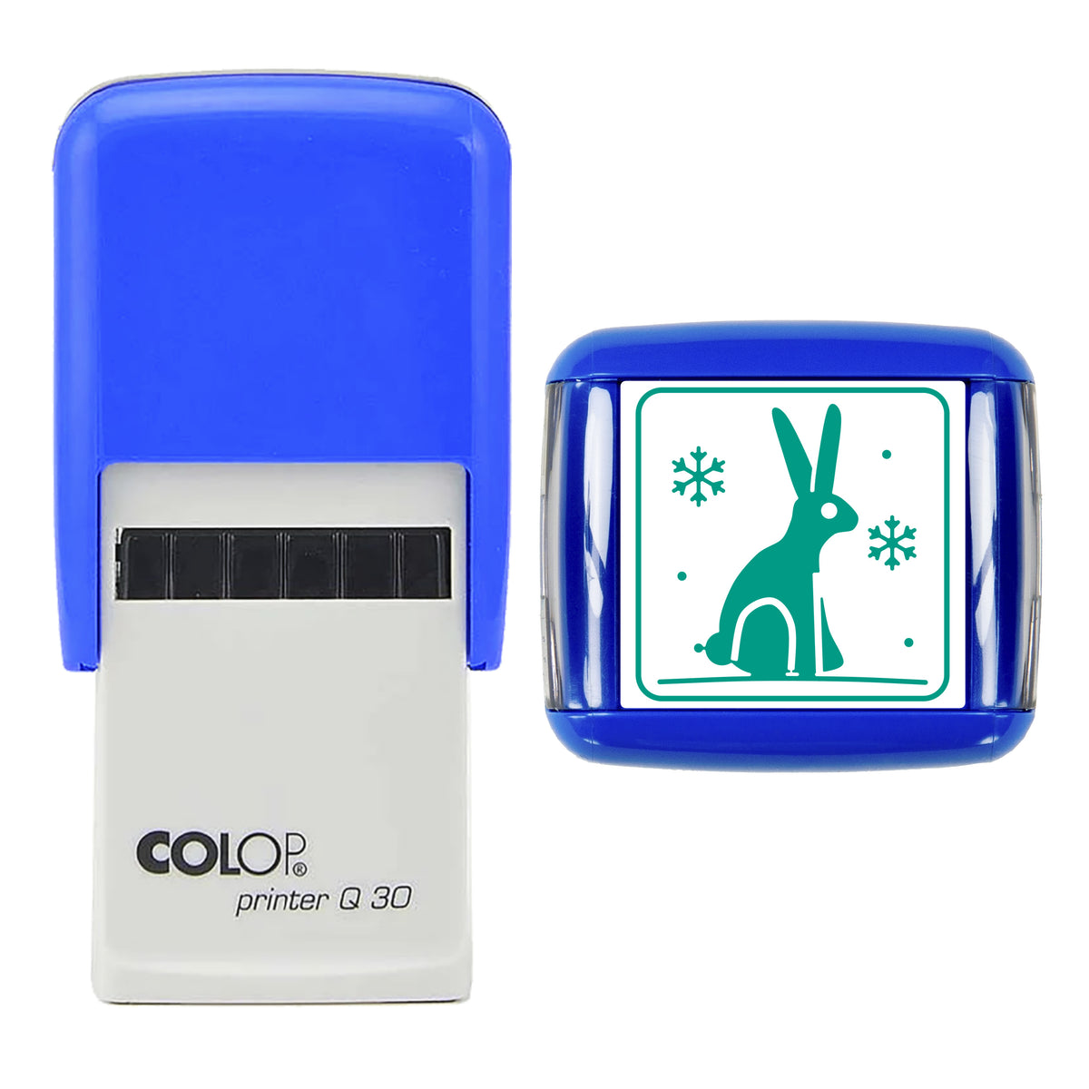 Stamp showing the Mountain Hare in Snow Christmas design, 30 x 30mm COLOP Q30 self-inking stamp, green ink