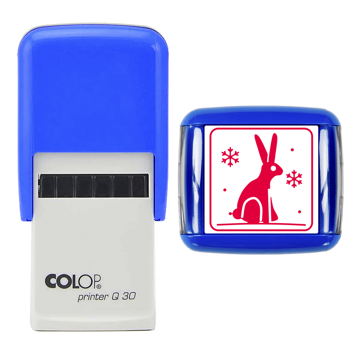 Stamp showing the Mountain Hare in Snow Christmas design, 30 x 30mm COLOP Q30 self-inking stamp, red ink