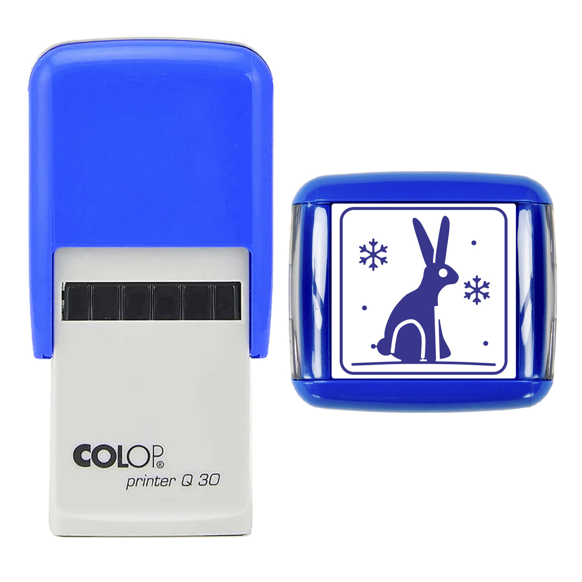 Stamp showing the Mountain Hare in Snow Christmas design, 30 x 30mm COLOP Q30 self-inking stamp, violet ink
