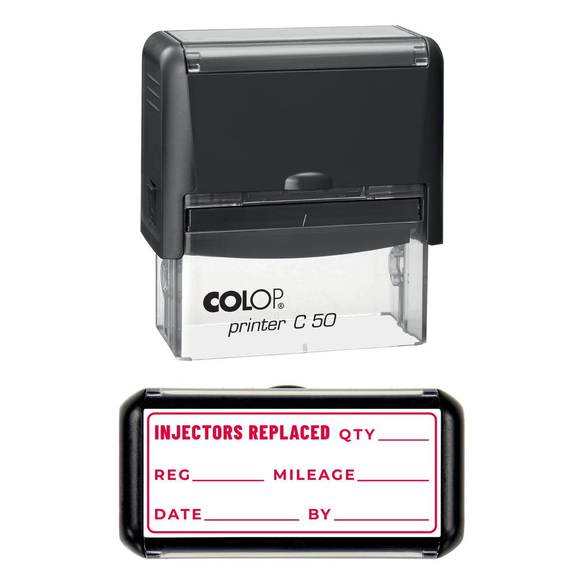 Stamp showing the Injectors Replaced design, 70 x 30mm COLOP C50 self-inking stamp, red ink