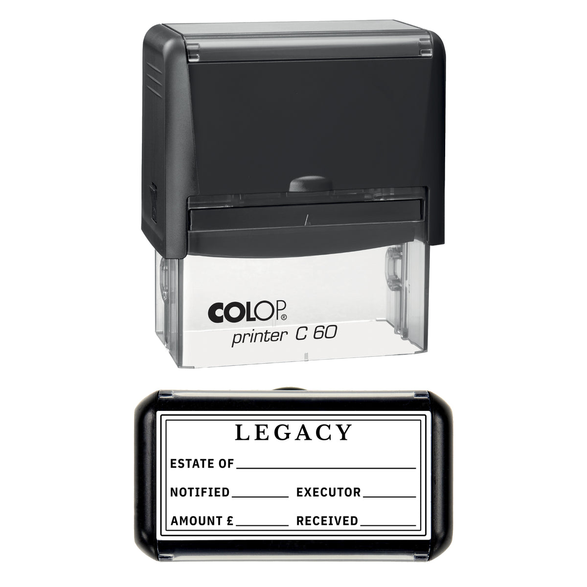 Stamp showing the Legacy Notified design, 77 x 36mm COLOP C60 self-inking stamp, black ink