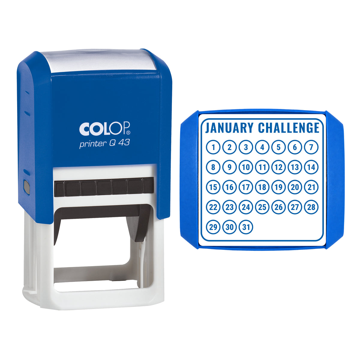 Stamp showing the January Challenge Tracker design, 43 x 43mm COLOP Q43 self-inking stamp, blue ink