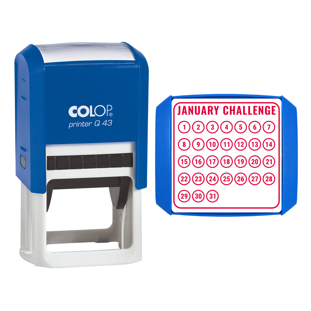 Stamp showing the January Challenge Tracker design, 43 x 43mm COLOP Q43 self-inking stamp, red ink