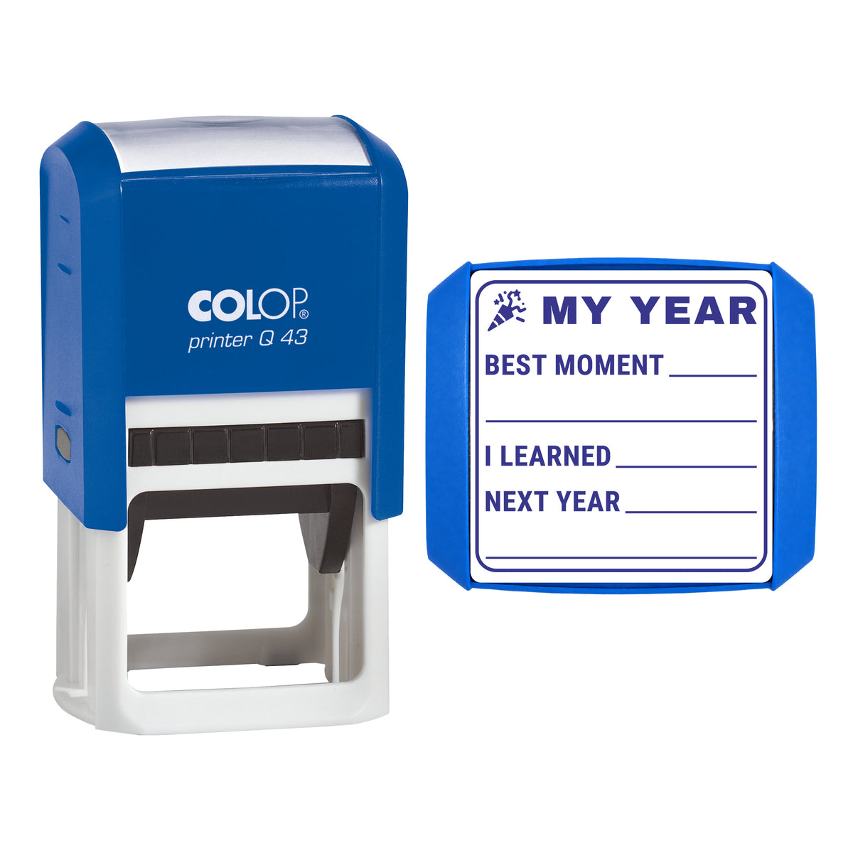 Stamp showing the My Year in Review Journal design, 43 x 43mm COLOP Q43 self-inking stamp, violet ink