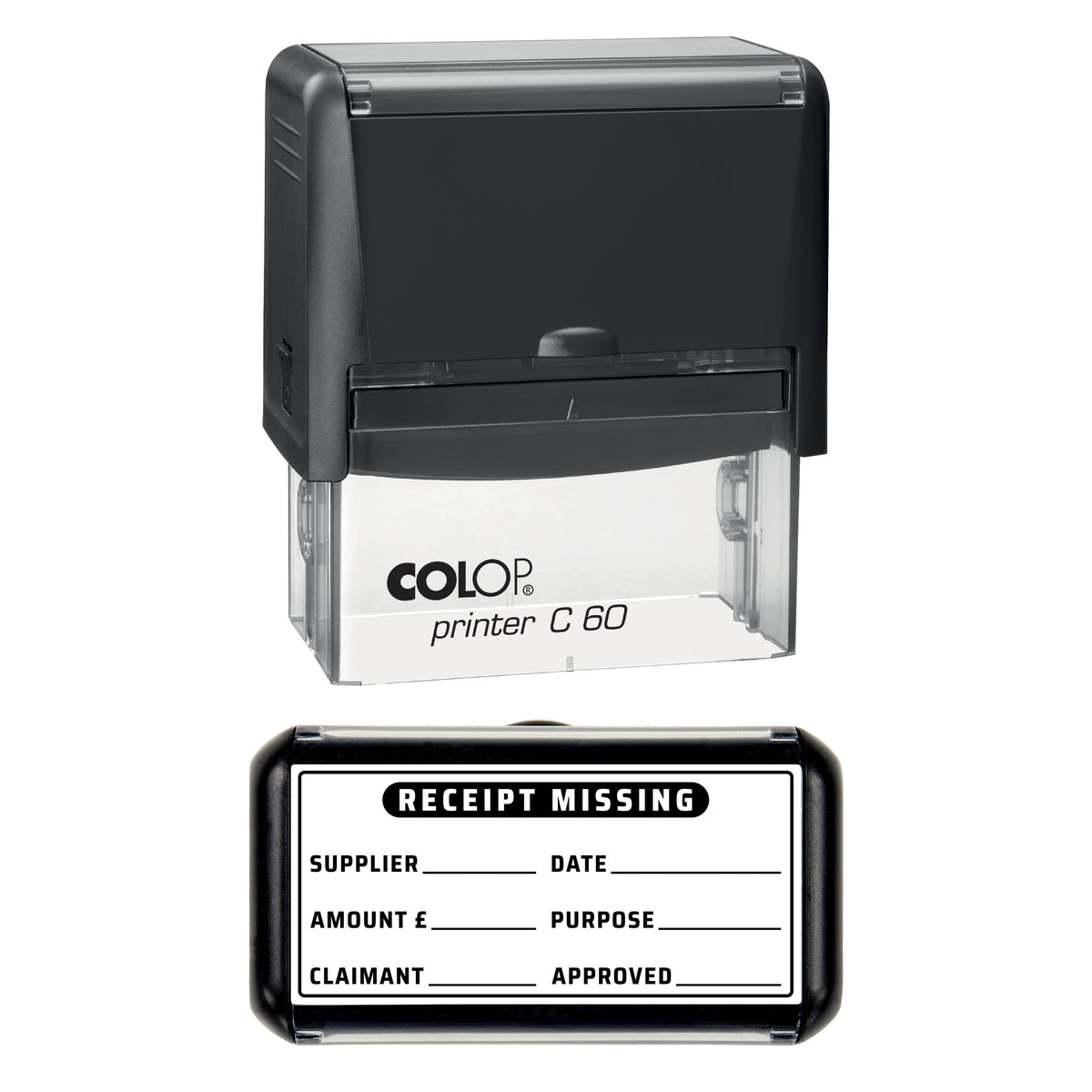 Stamp showing the Missing Receipt design, 77 x 36mm COLOP C60 self-inking stamp, black ink
