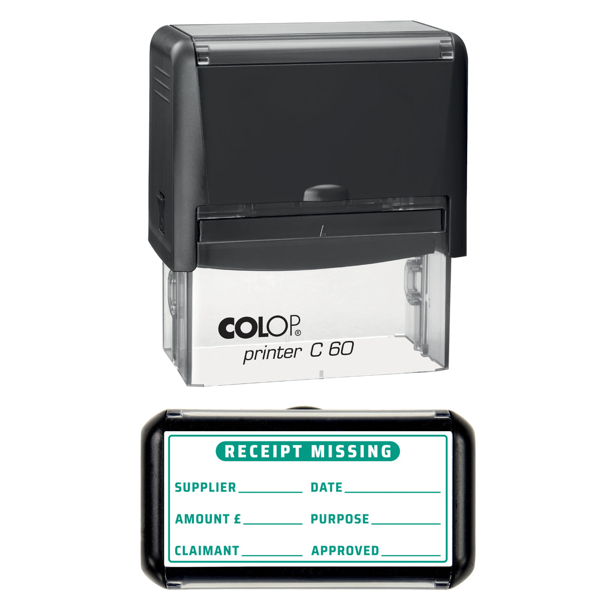 Stamp showing the Missing Receipt design, 77 x 36mm COLOP C60 self-inking stamp, green ink