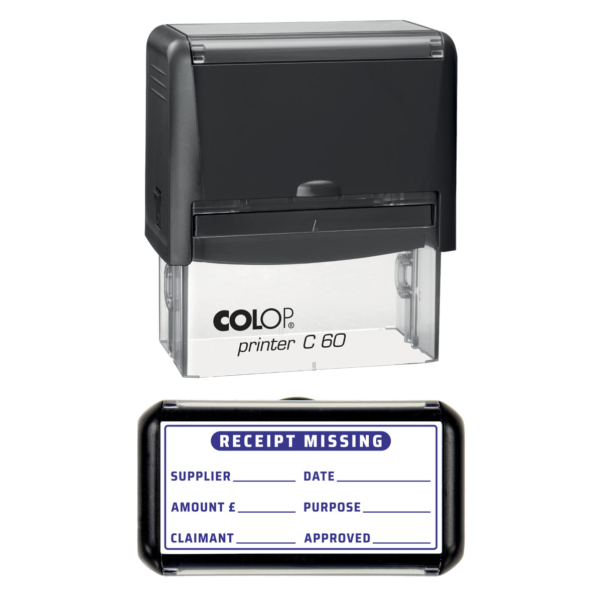 Stamp showing the Missing Receipt design, 77 x 36mm COLOP C60 self-inking stamp, violet ink