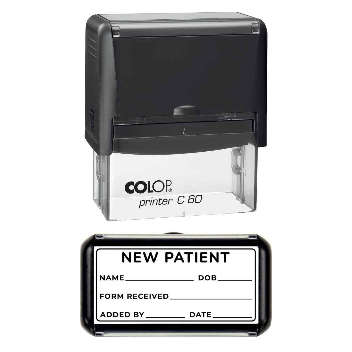 Stamp showing the New Patient design, 77 x 36mm COLOP C60 self-inking stamp, black ink