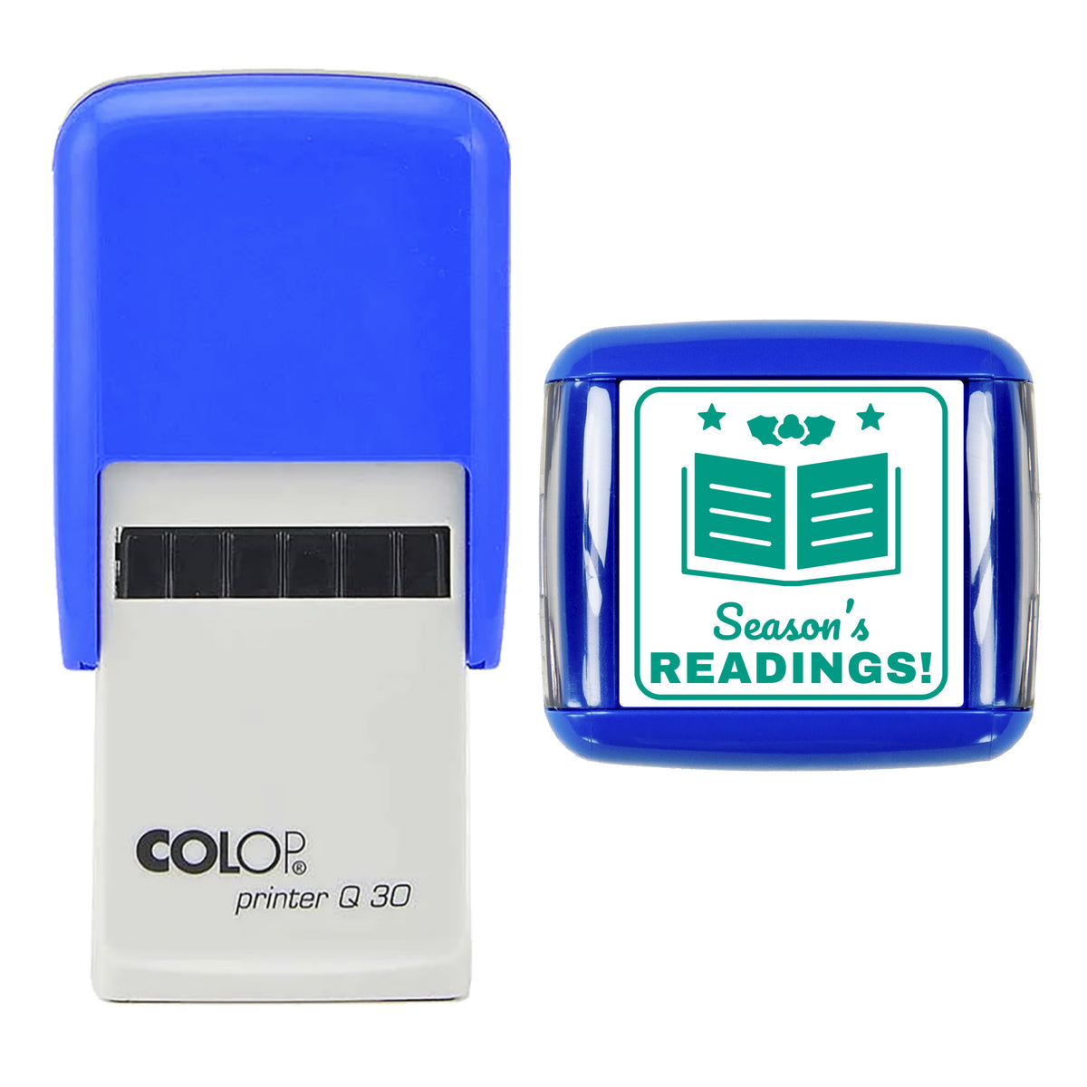 Stamp showing the Season's Readings Christmas Book design, 30 x 30mm COLOP Q30 self-inking stamp, green ink