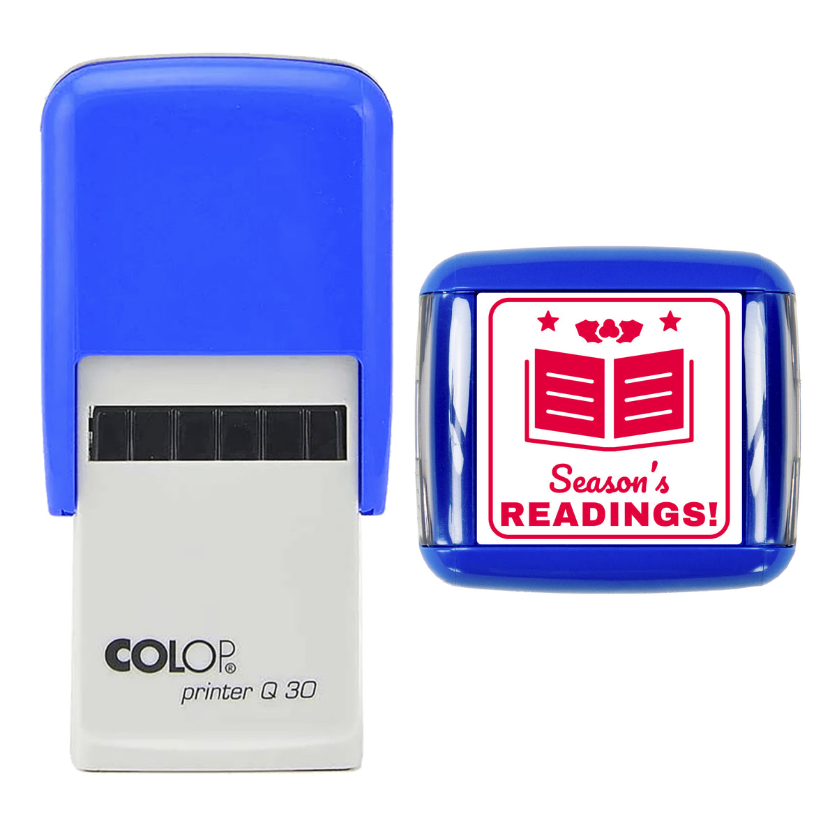 Stamp showing the Season's Readings Christmas Book design, 30 x 30mm COLOP Q30 self-inking stamp, red ink