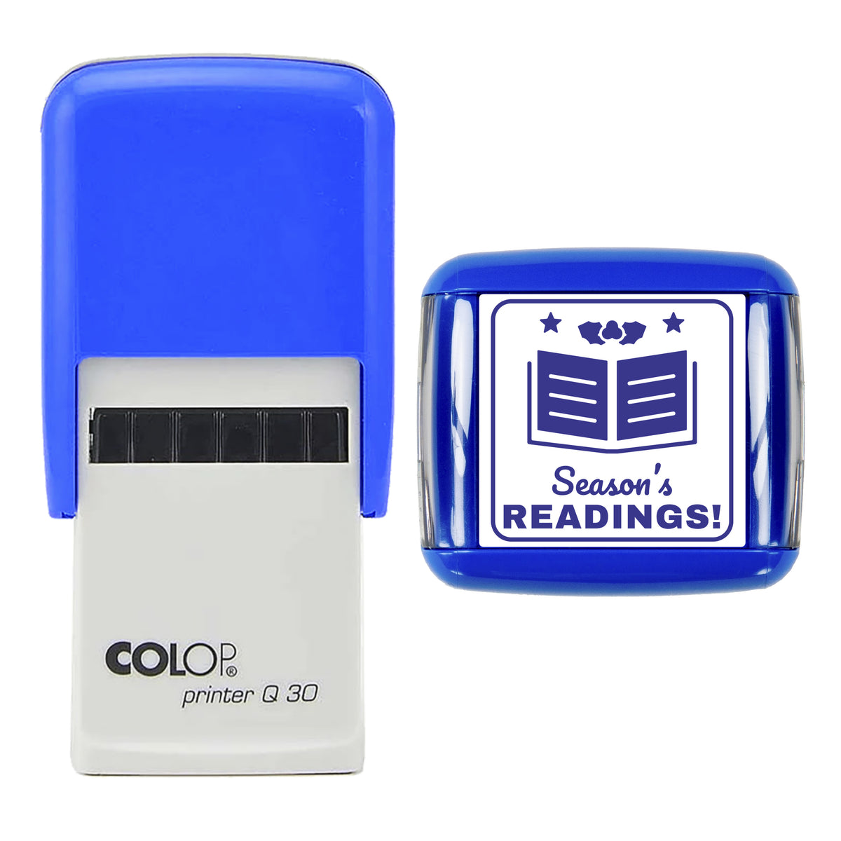 Stamp showing the Season's Readings Christmas Book design, 30 x 30mm COLOP Q30 self-inking stamp, violet ink