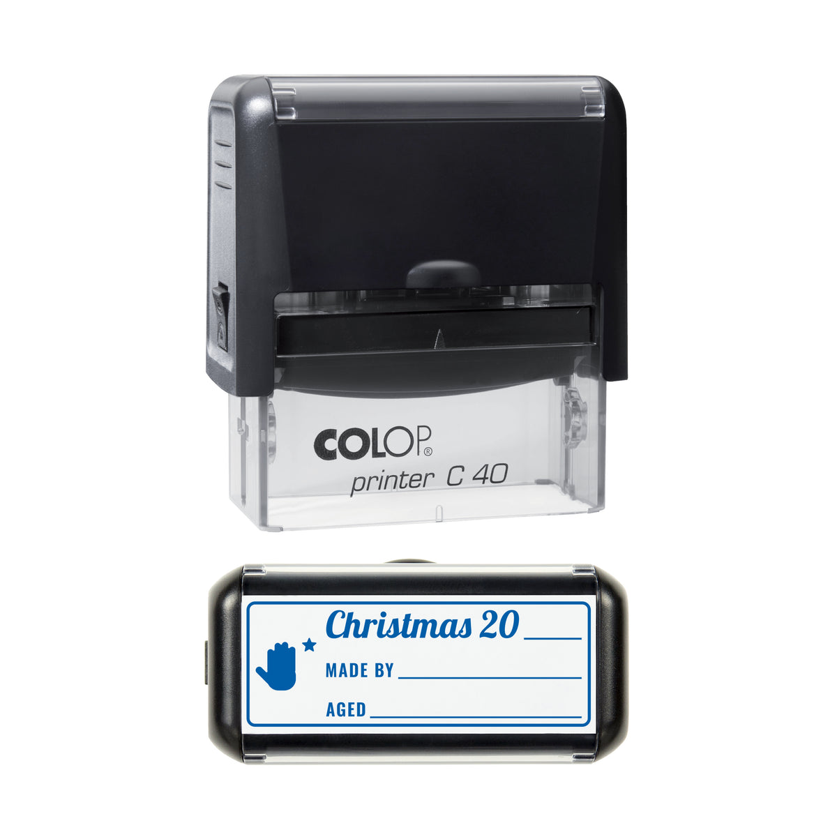 Stamp showing the Christmas Keepsake Made By and Aged design, 58 x 22mm COLOP C40 self-inking stamp, blue ink
