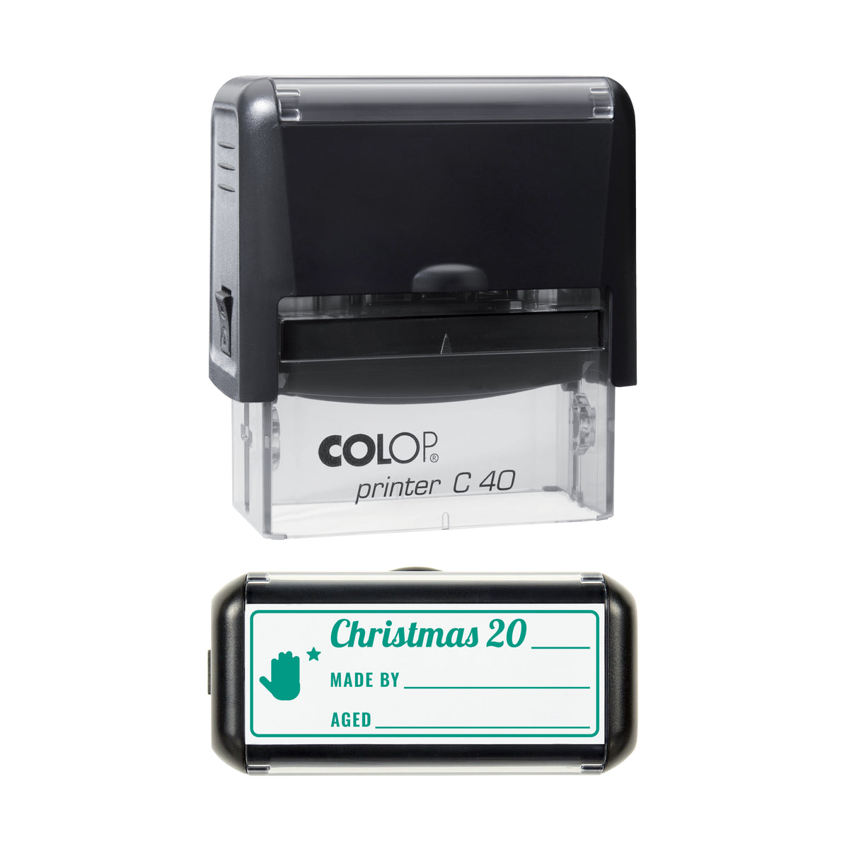 Stamp showing the Christmas Keepsake Made By and Aged design, 58 x 22mm COLOP C40 self-inking stamp, green ink