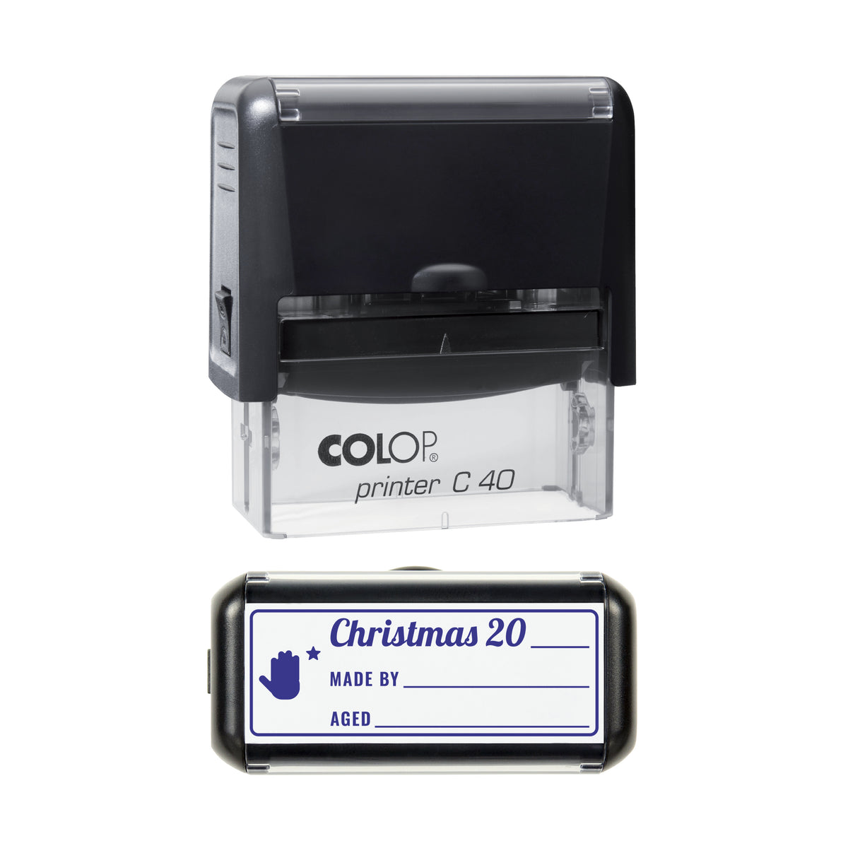 Stamp showing the Christmas Keepsake Made By and Aged design, 58 x 22mm COLOP C40 self-inking stamp, violet ink