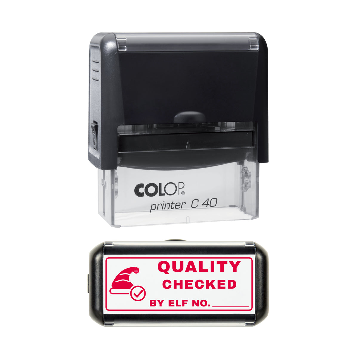 Stamp showing the Quality Checked by Elf Christmas design, 58 x 22mm COLOP C40 self-inking stamp, red ink