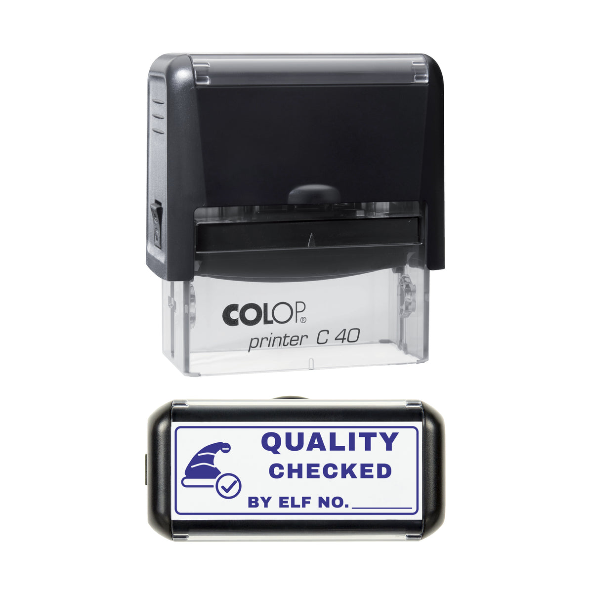 Stamp showing the Quality Checked by Elf Christmas design, 58 x 22mm COLOP C40 self-inking stamp, violet ink
