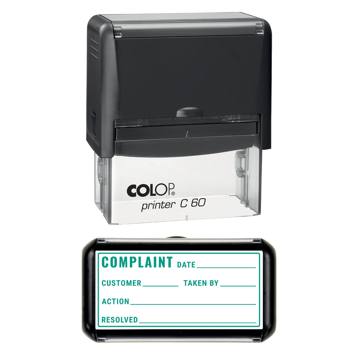 Stamp showing the Complaint Record design, 77 x 36mm COLOP C60 self-inking stamp, green ink