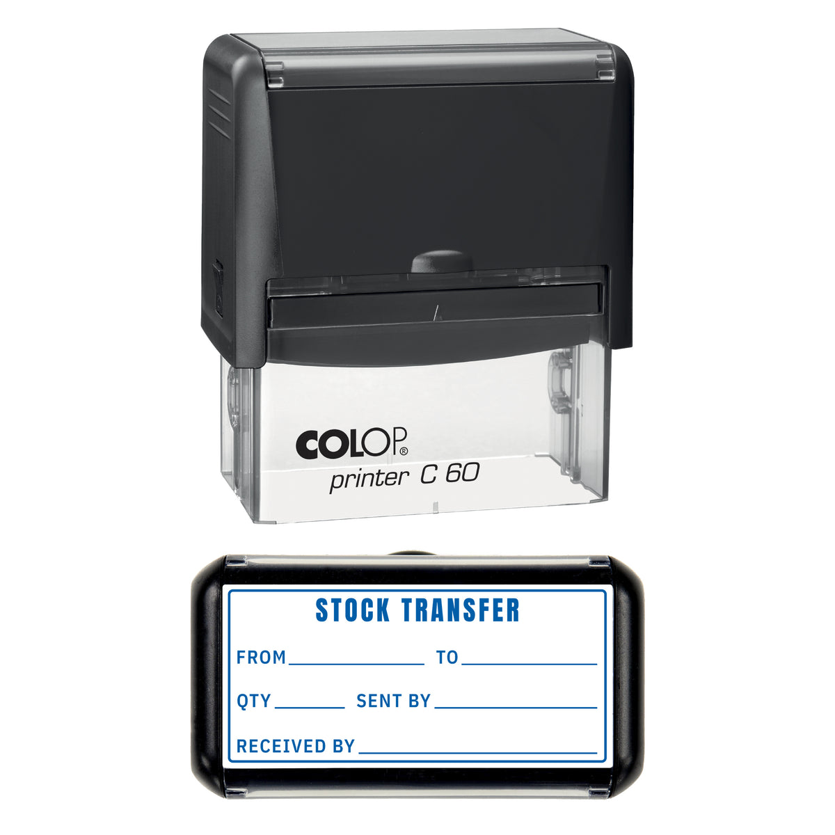 Stamp showing the Stock Transfer design, 77 x 36mm COLOP C60 self-inking stamp, blue ink