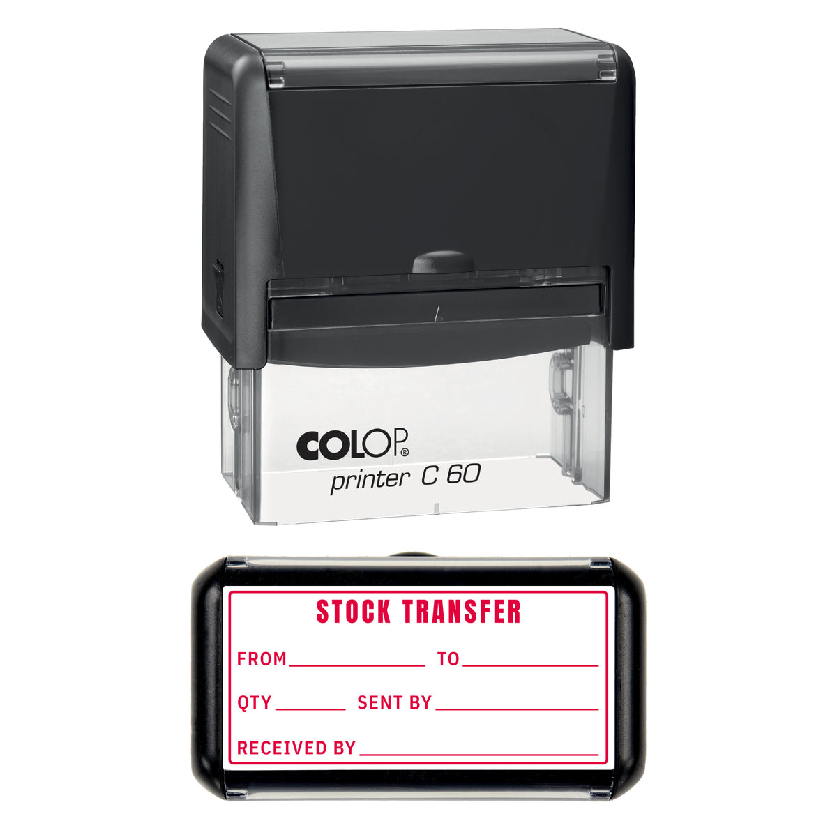 Stamp showing the Stock Transfer design, 77 x 36mm COLOP C60 self-inking stamp, red ink