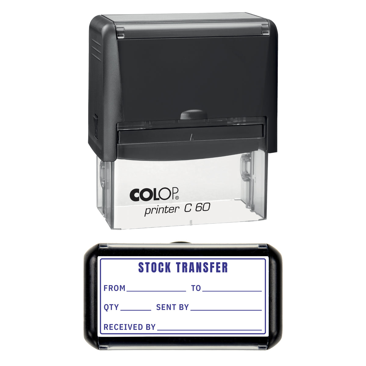 Stamp showing the Stock Transfer design, 77 x 36mm COLOP C60 self-inking stamp, violet ink