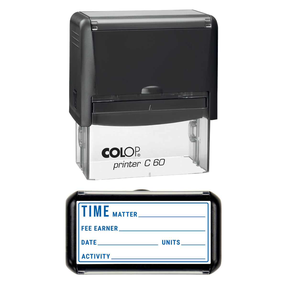 Stamp showing the Time Recorded design, 77 x 36mm COLOP C60 self-inking stamp, blue ink