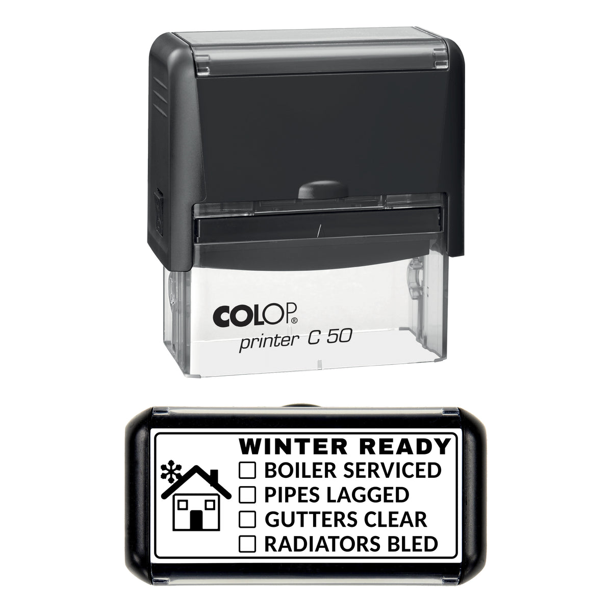 Stamp showing the Winter Ready Home Checklist design, 70 x 30mm COLOP C50 self-inking stamp, black ink