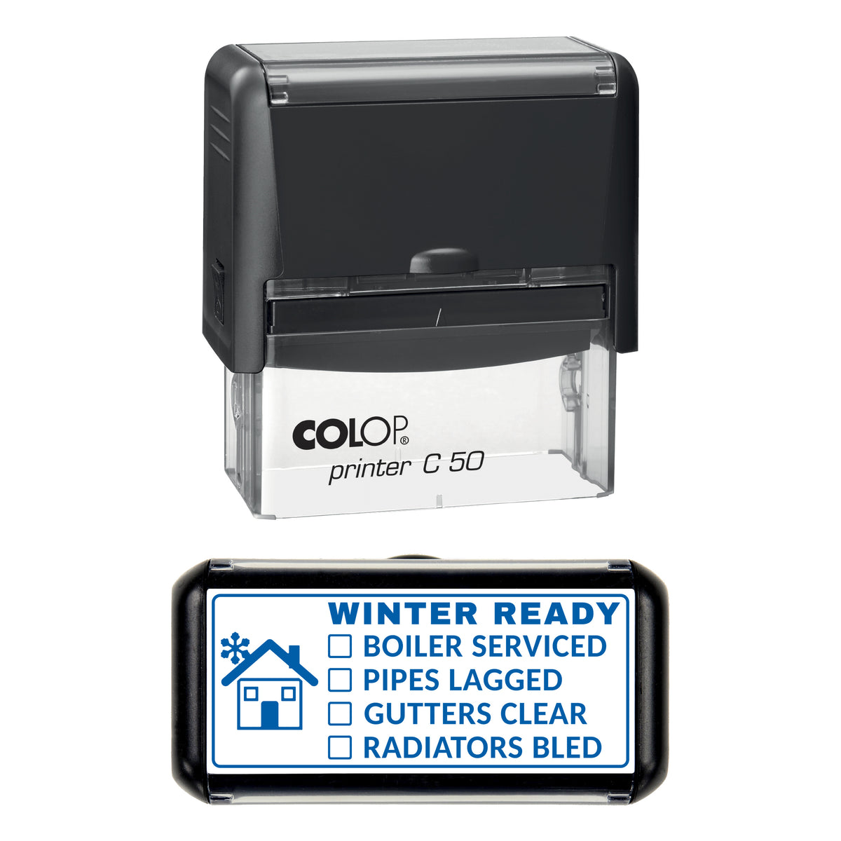 Stamp showing the Winter Ready Home Checklist design, 70 x 30mm COLOP C50 self-inking stamp, blue ink
