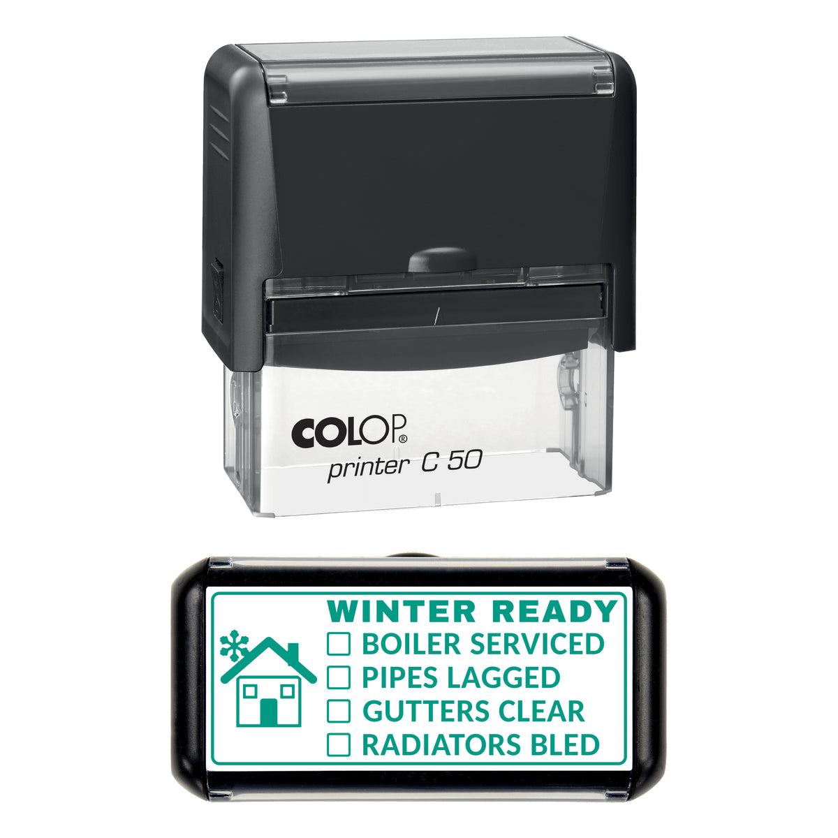 Stamp showing the Winter Ready Home Checklist design, 70 x 30mm COLOP C50 self-inking stamp, green ink