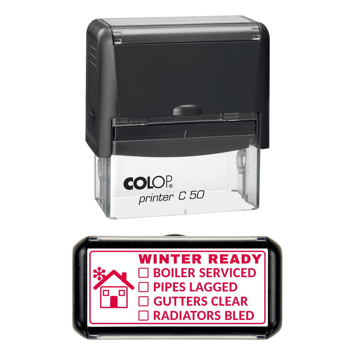 Stamp showing the Winter Ready Home Checklist design, 70 x 30mm COLOP C50 self-inking stamp, red ink