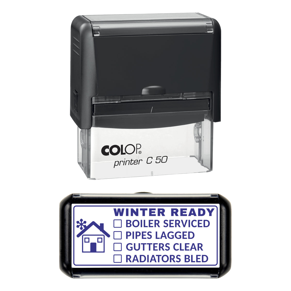 Stamp showing the Winter Ready Home Checklist design, 70 x 30mm COLOP C50 self-inking stamp, violet ink